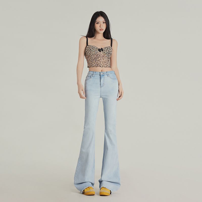 Real shot of 2025 spring fashion American slim fit slim fringe jeans floor pants for women stretch bell-bottom pants for women
