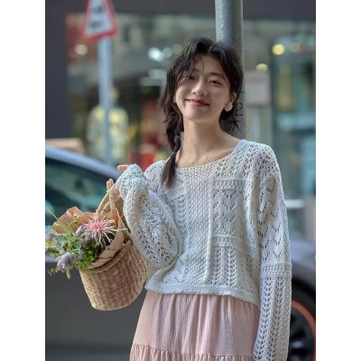 杏色鏤空針織衫女開春chic韓系氛圍感氣質超好看溫柔獨特上衣