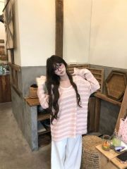 原版優質面料 溫柔慵懶風粉色條紋寬鬆長袖中長款T恤女上衣ins潮