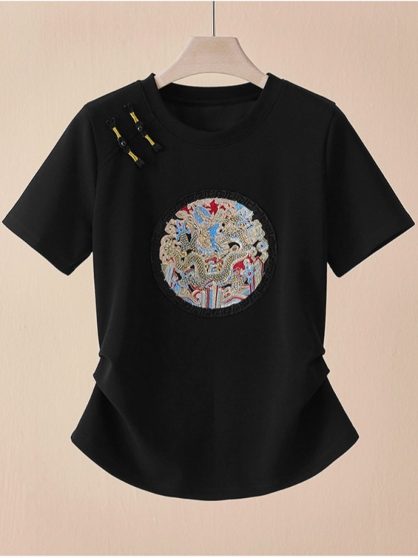 2025夏季新款中式國風龍紋刺繡盤扣T恤女短袖設計感修身顯瘦上衣