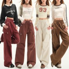 Real shot of 2025 spring American high street paratrooper work pants high waist loose casual multi-pocket wide-leg pants