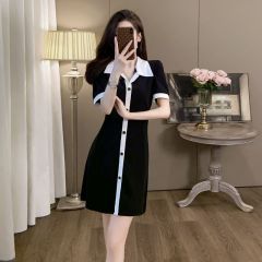 休閒運動連衣裙女夏季polo領赫本風小黑裙高級感短袖遮肉T恤裙子
