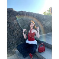 原版品質紅色吊帶背心女夏蝴蝶結甜辣妹短款打底外穿圍脖上衣