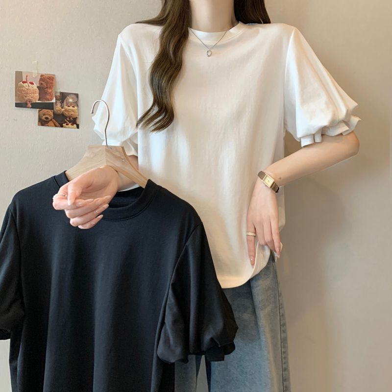 Real-life pure cotton ins super hot puff sleeve T-shirt for women with versatile loose slim design niche chic Hong Kong flavor top