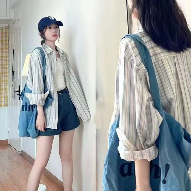 長袖襯衫女2025新款設計感小眾藍色條紋法式上衣夏季防曬襯衣外套