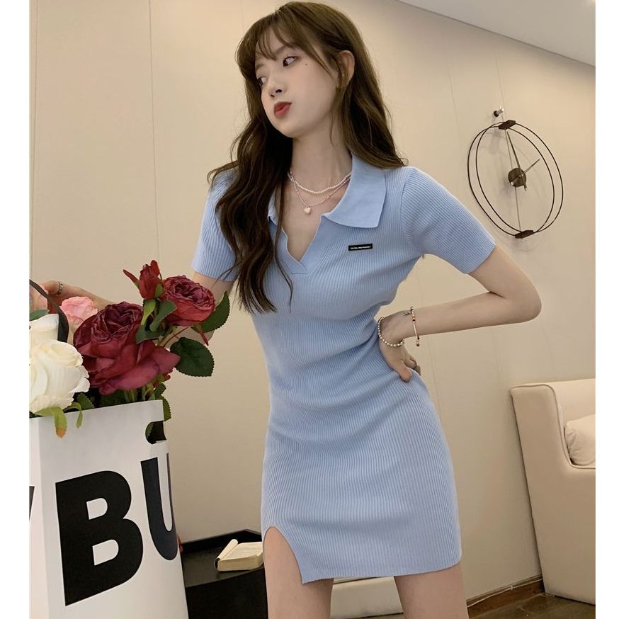 夏季新款修身翻領連衣裙女裝純欲裙子辣妹開叉針織包臀短裙