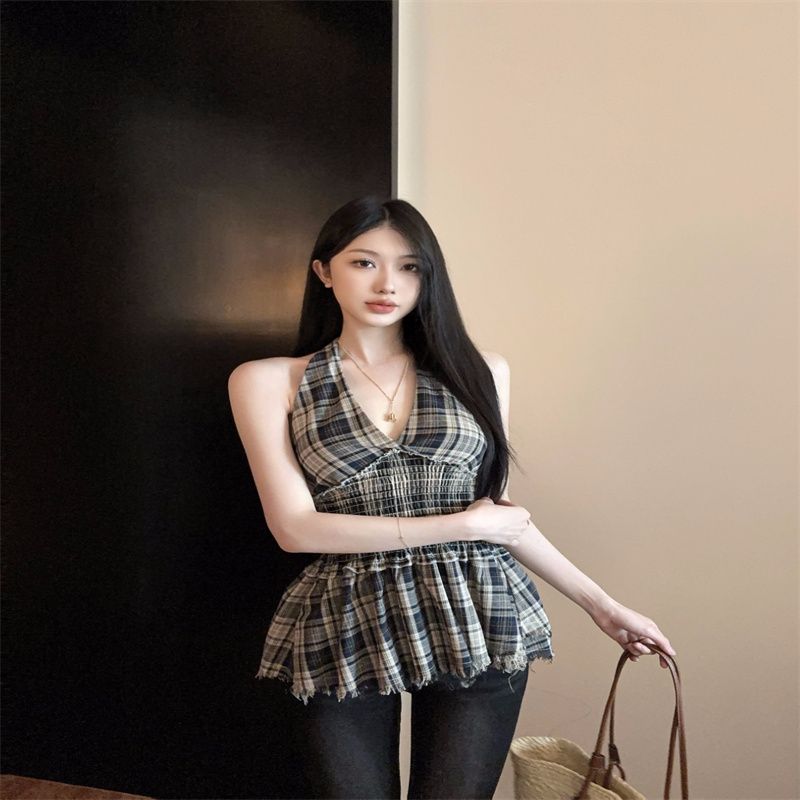 2025新款辣妹風格子掛脖吊帶背心女夏季復古小眾別致收腰無袖上衣