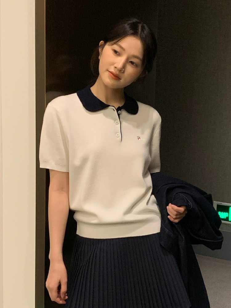 Ice silk doll collar POLO shirt short-sleeved knitted top summer 2025 new small short shoulder T-shirt for women