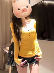 1*1螺紋德絨小眾V領長袖T恤女春秋內搭短款打底美式辣妹修身上衣