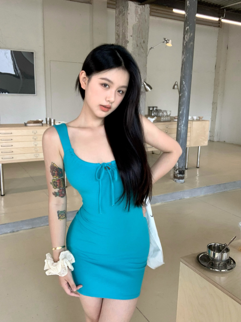Real shot of sexy drawstring bow vest pure slim dress