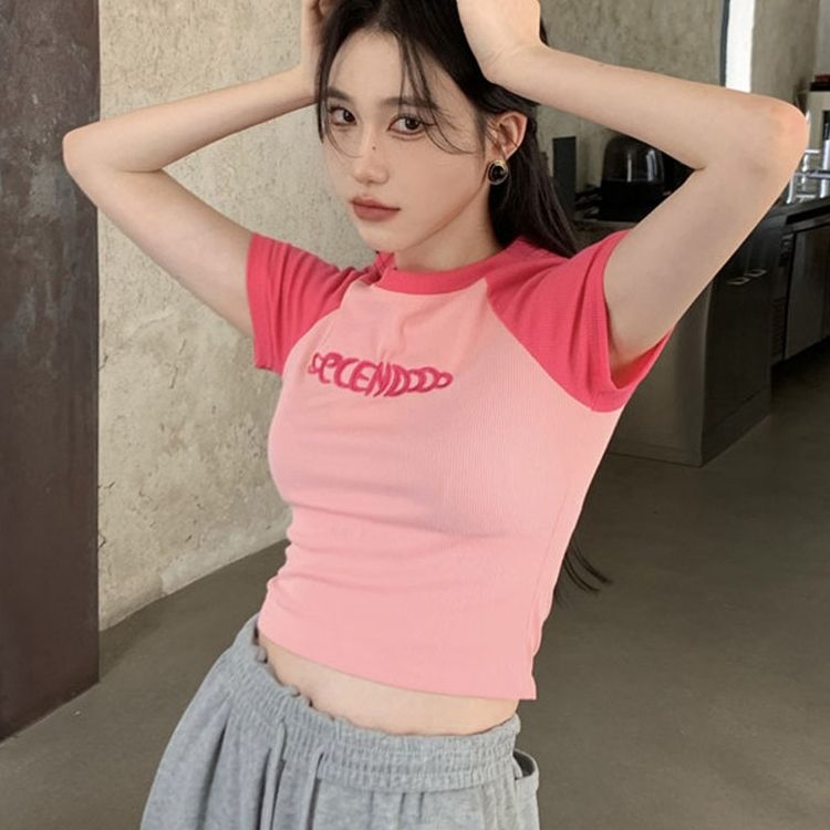 Raboss sleeve hot girl short-sleeved T-shirt for women in summer new American retro short slim fit sweet and spicy top