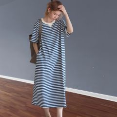 First release large-size women's navy blue striped threaded round neck drop rotator sleeve loose short sleeve dress long version long skirt