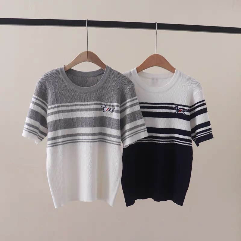 New summer striped contrasting color round neck puppy embroidery slim fit pullover short-sleeved sweater T-shirt top
