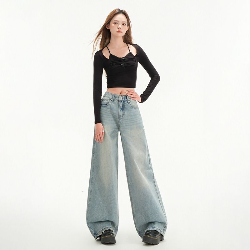 Real shot of 2025 spring fashion trend casual pants for women high waist drooping wide-leg pants