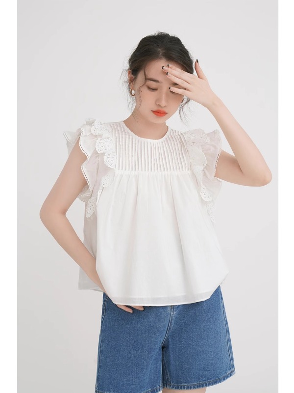 風琴褶飛飛袖襯衫女夏季設計感小眾寬鬆遮肚子白色上衣小衫