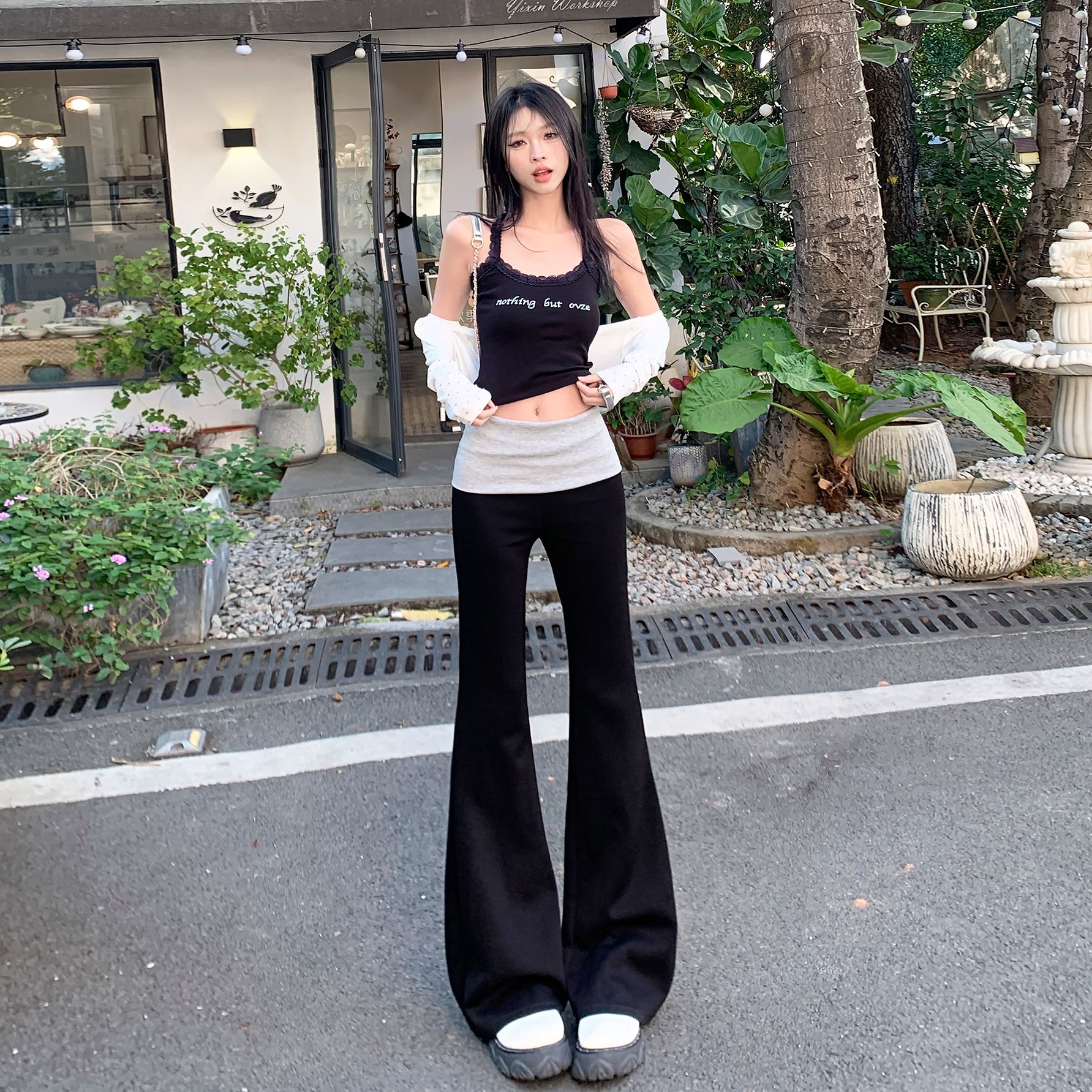 Real shot of 2025 spring fashion trend casual pants for women high waisted flared pants