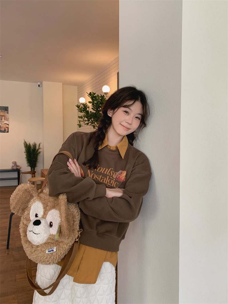 實拍 早春百搭甜美撞色無袖橘色襯衫+圓領印花衛衣兩件套