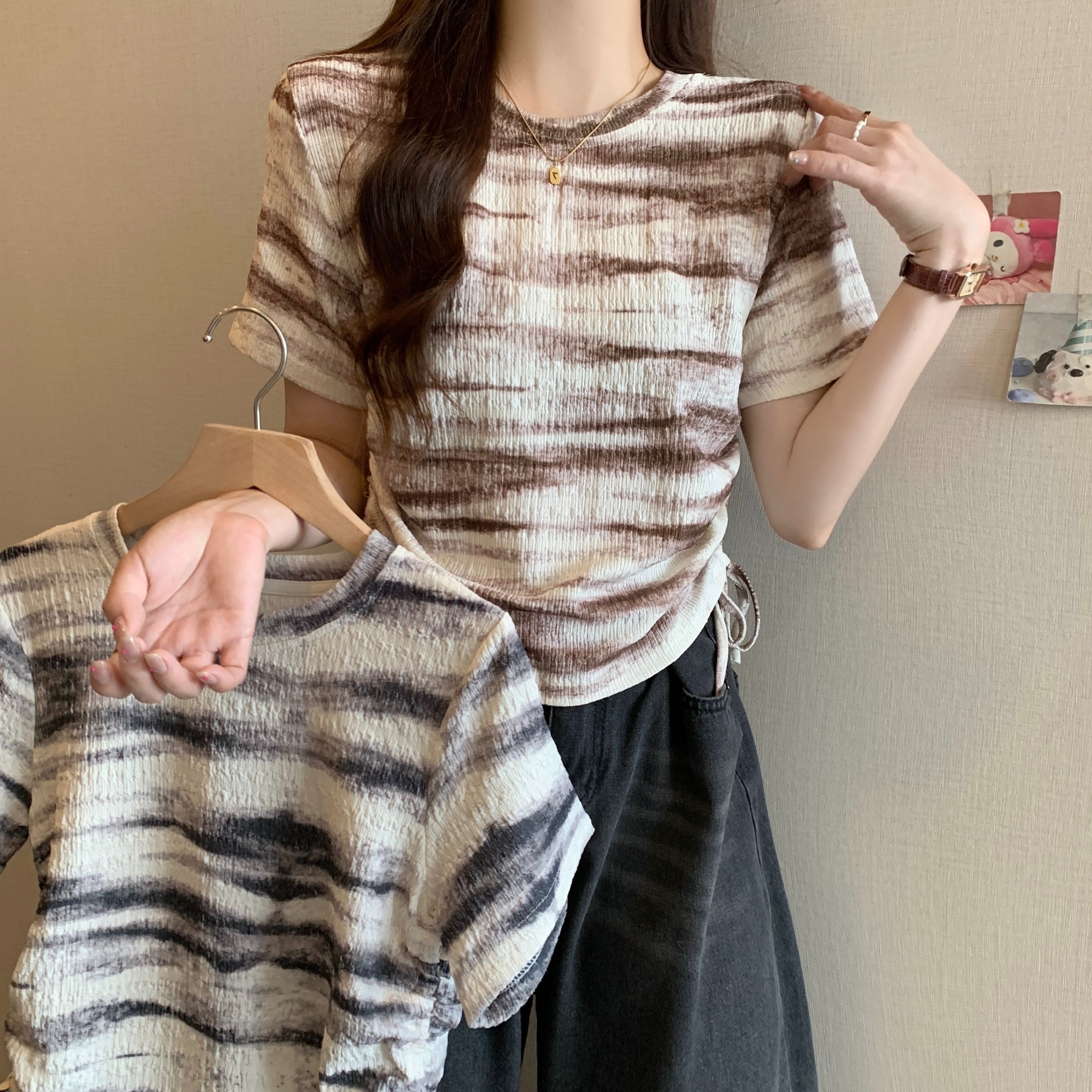 實拍95聚酯纖維5氨輪 2025 短款褶皺修身短袖T恤女