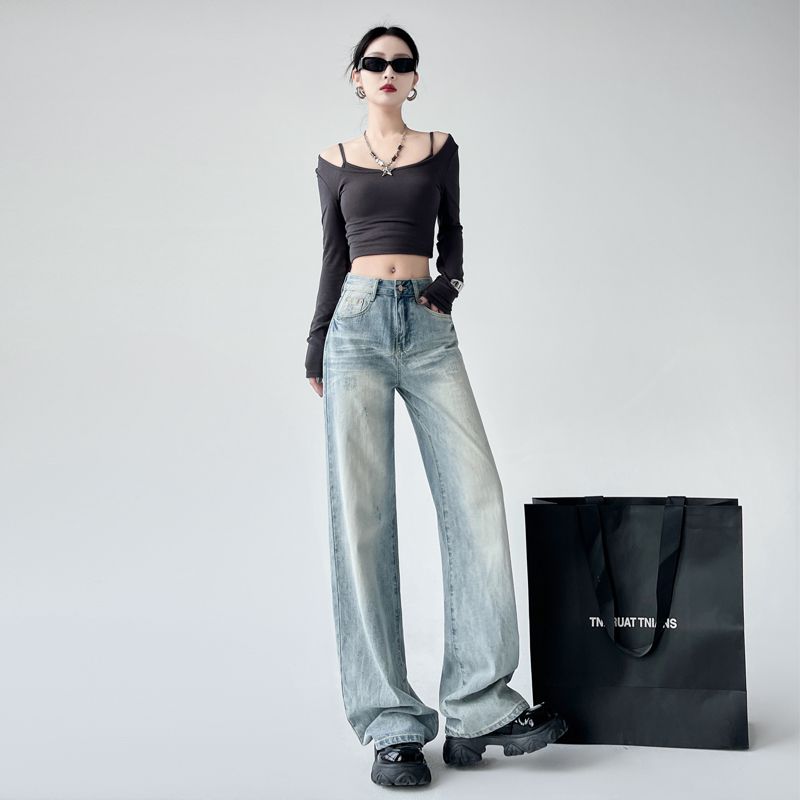 Real shot of 2025 spring fashion trend casual pants for women high waist drooping wide-leg pants