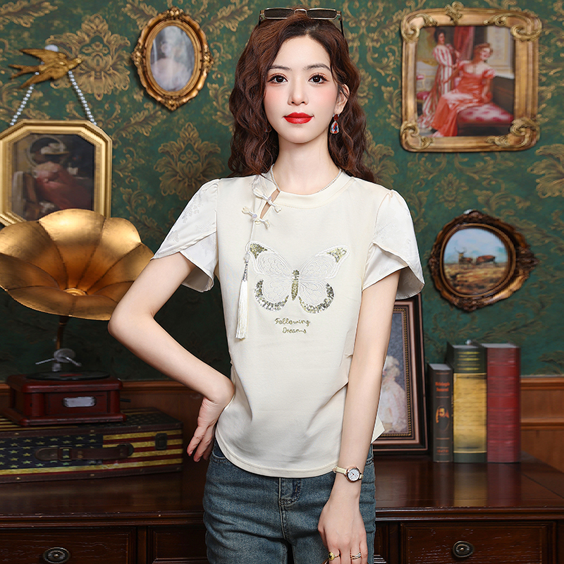 實拍新中式國風圓領短袖t恤女夏季2025新款盤扣刺繡設計感上衣