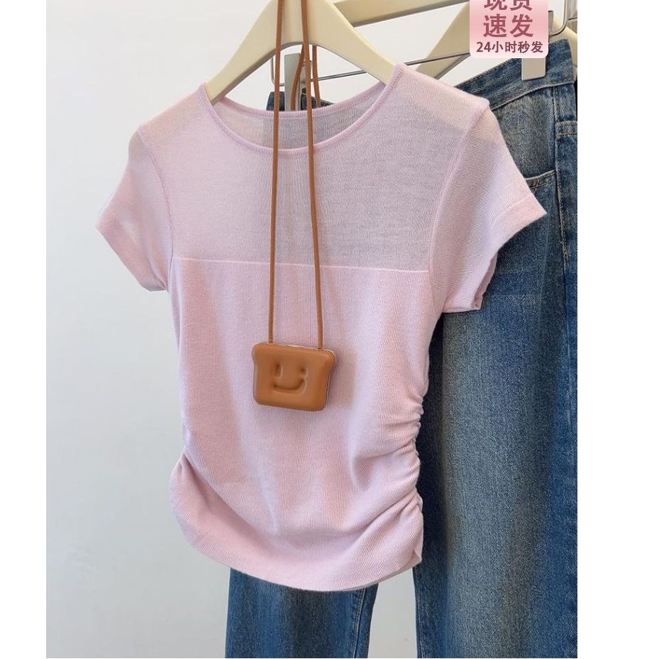 6470#修身褶皺短袖針織衫t恤女短款春夏拼接打底衫設計感上衣薄款