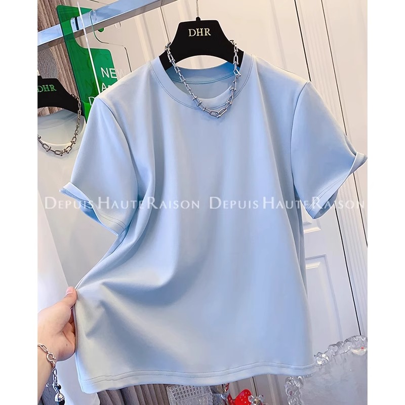 High-quality double yarn 230g Solona neckline extra large size 200 catties sweet simple short sleeves