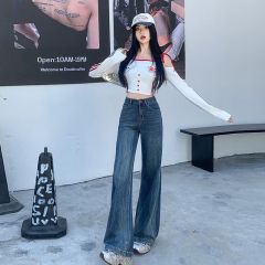 Real shot of 2025 spring fashion drooping versatile flared jeans for women wide-leg floor