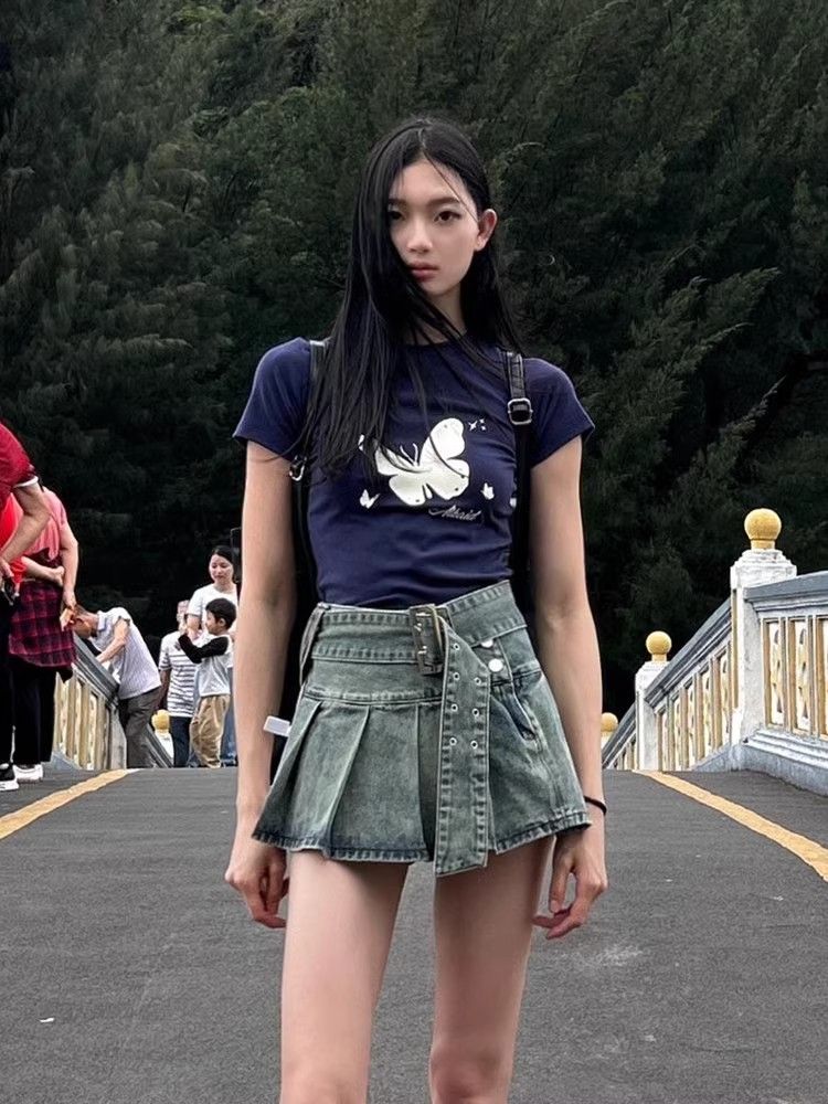 1*1純棉 高彈力新款夏季短袖短款搭配高腰褲修身顯瘦洋氣上衣