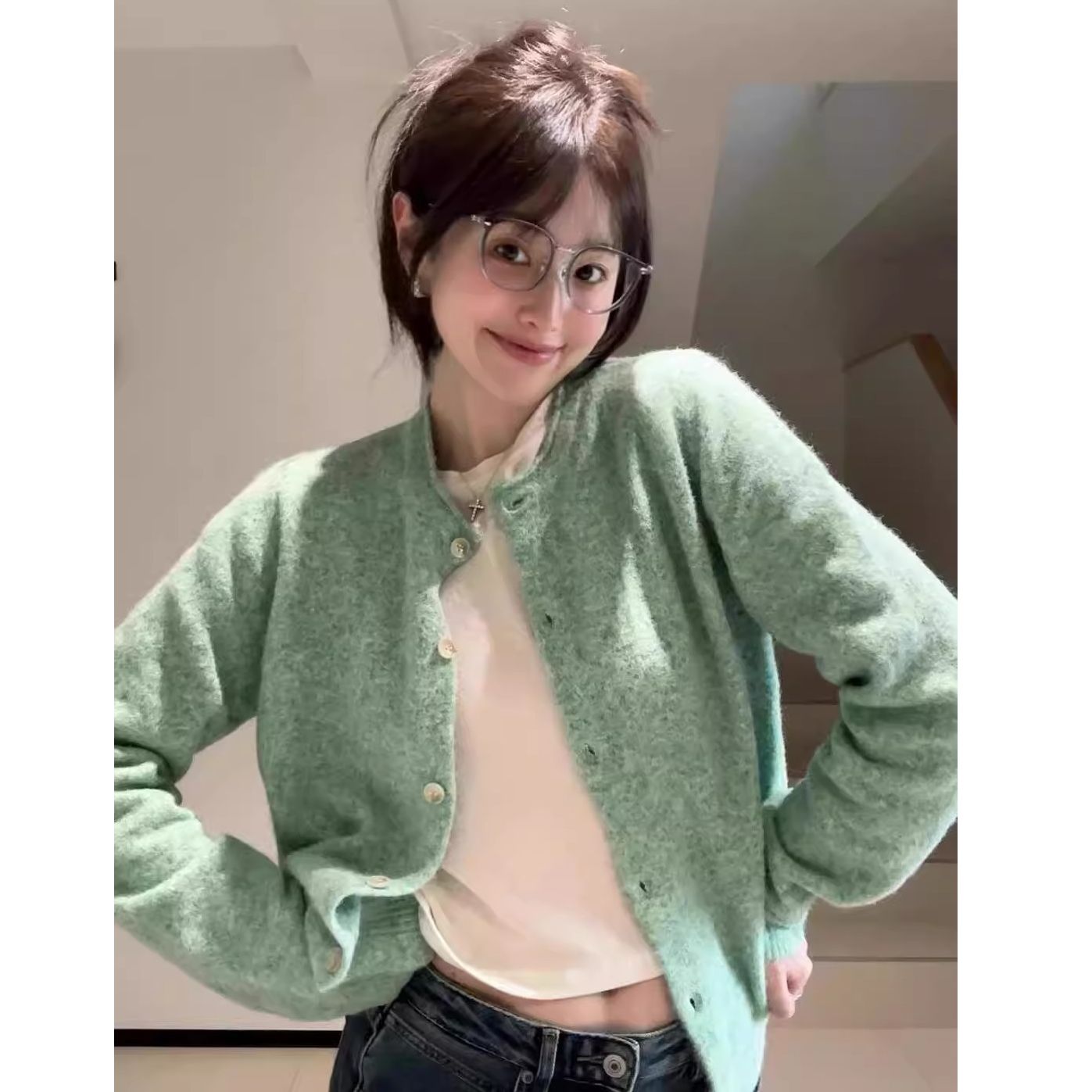 法式氣質薄荷綠卷邊針織開衫毛衣外套女春秋軟糯綠色上衣早春外搭