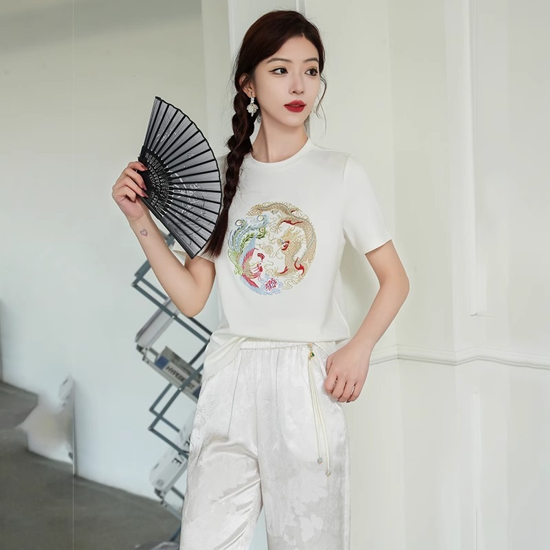 白色T恤女短袖早春新款高支棉龍鳳吉祥刺繡高級感新中式國風上衣