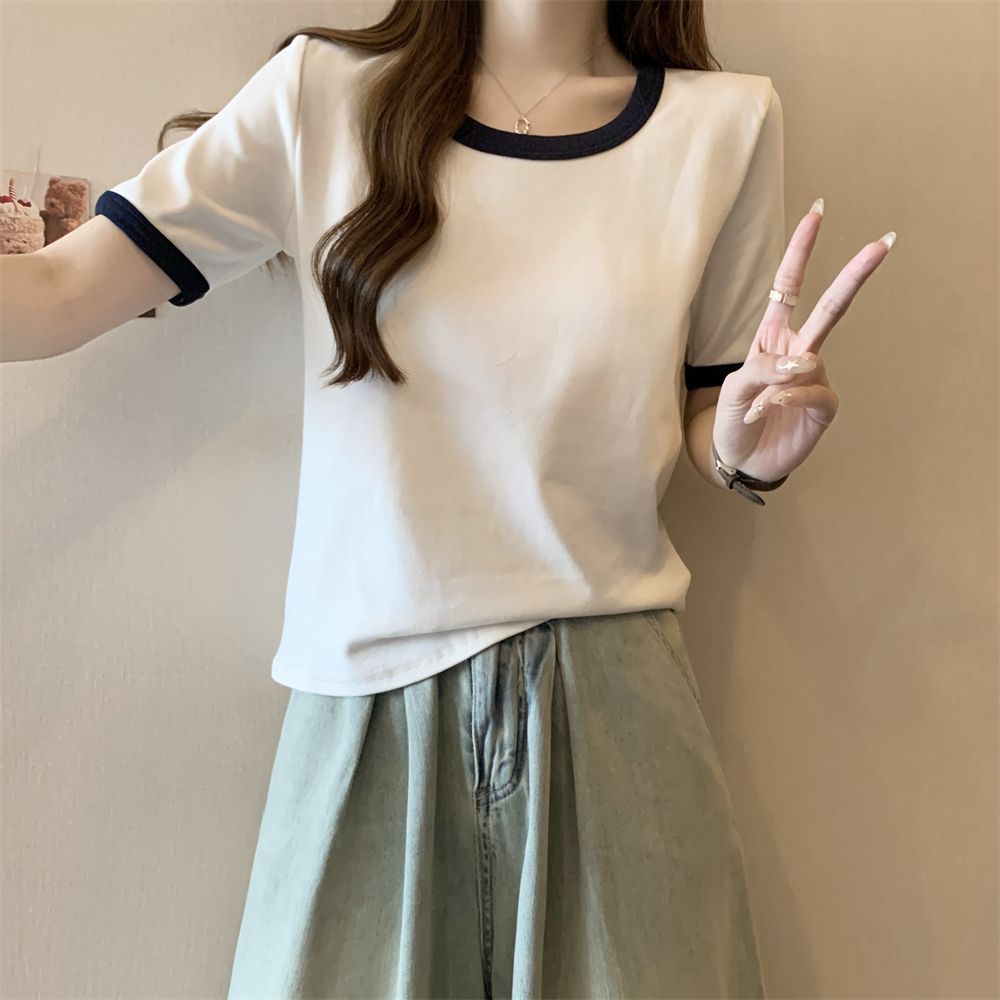 實拍 40支純棉210克92棉/8氨綸撞色短袖T恤女