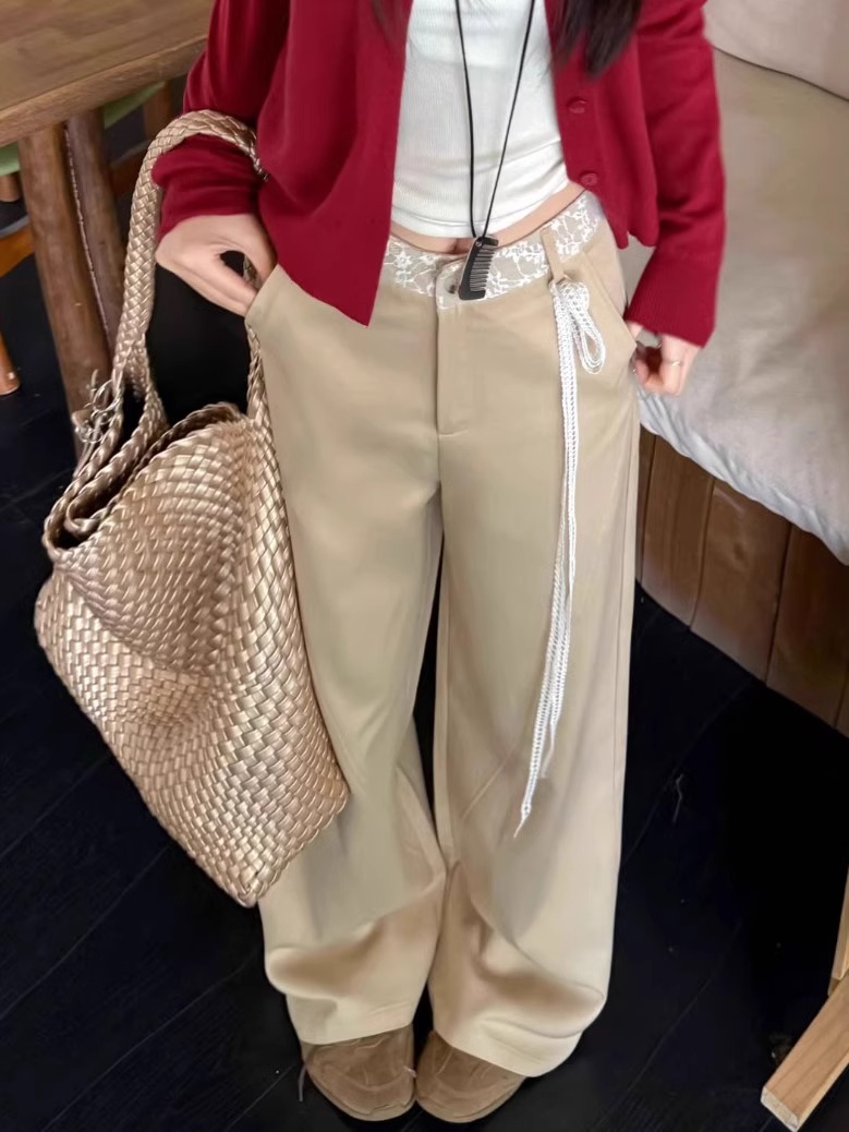 Korean chic suit waist lace spliced ​​high-waist casual pants for women khaki straight wide-leg pants floor trousers