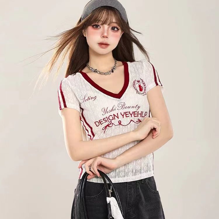 Original Fabric Design American V-Neck Sheer Lace Embroidery Short-Sleeve Women's Summer Slimming Top 2025 New Arrival