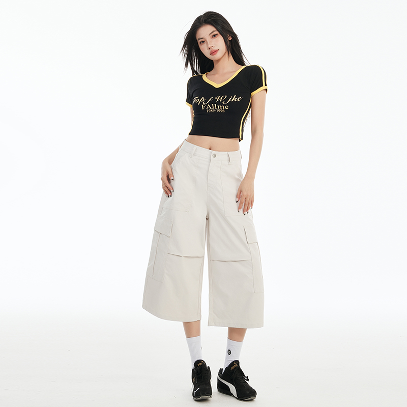 美式沙白七分工裝牛仔短褲2025春夏季新款女裝寬鬆休閒闊腿女裝褲