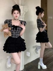 French retro bow square collar shirt for women in summer puff sleeve short skirt slim niche skirt