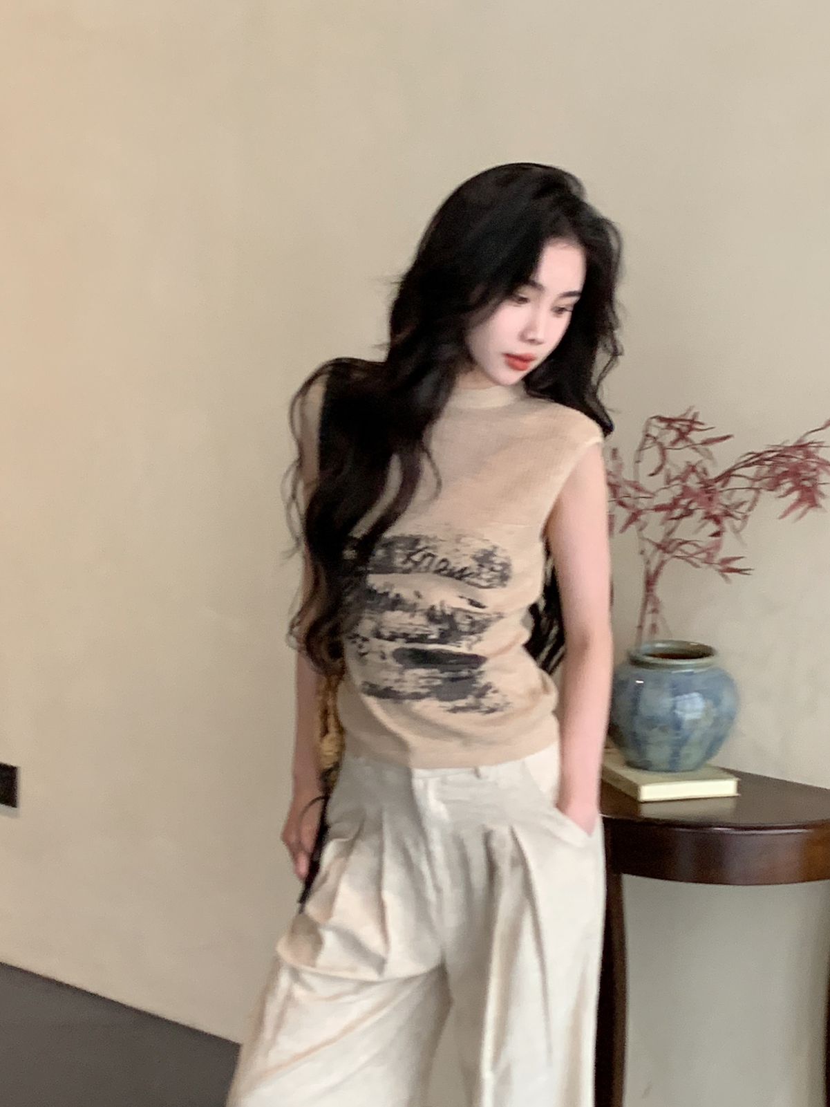 美式復古印花無袖背心針織衫女2025夏款辣妹小眾修身顯瘦套頭上衣