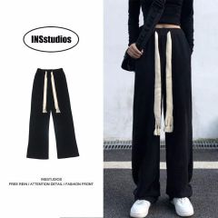 vibe風直筒大碼褲子女手工編織抽繩顯瘦闊腿休閒長褲