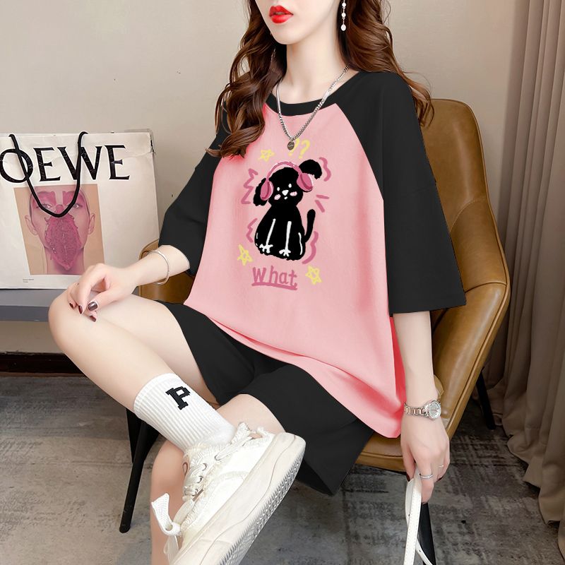 Real-life pure cotton 32-pin double yarn 320g summer new sports short-sleeved T-shirt shorts suit women's large size two-piece set