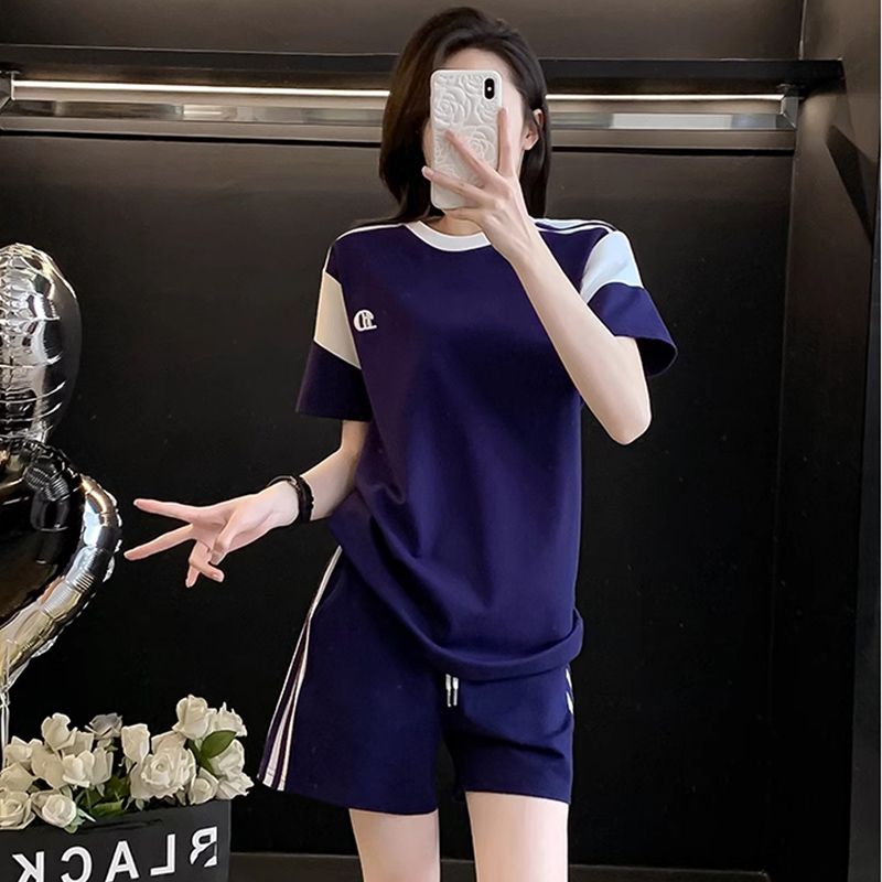 港風羽毛球服運動套裝女夏拼色短袖寬鬆顯瘦透氣側條紋短褲兩件套