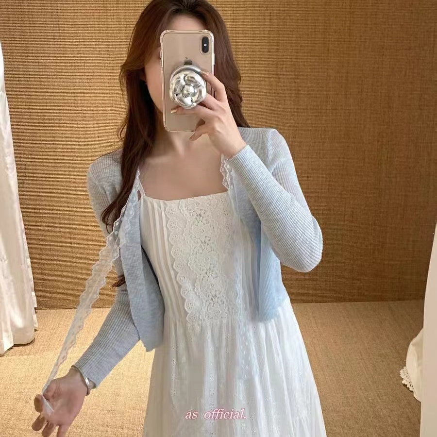 花邊v領竹節麻針織防曬開衫女25夏季新款薄款小坎肩外搭罩衫上衣