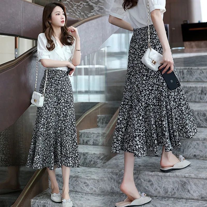 Floral fishtail skirt for women 2025 new summer fashion chiffon slim high waist mid-length hip-covered long skirt for women