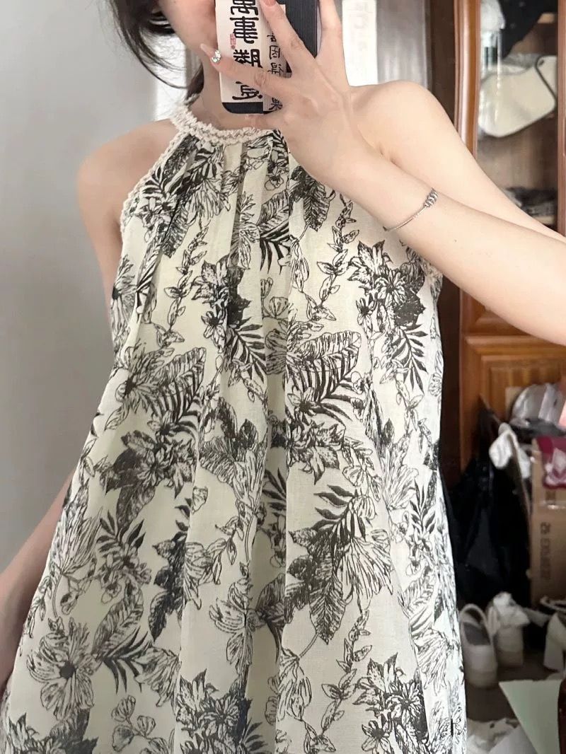 水墨印花吊帶裙夏季女復古碎花褶皺肌理感連衣裙中長款裙子