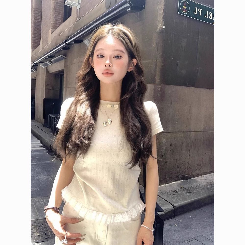原版布料韓系甜美蕾絲花邊拼接短袖T恤女