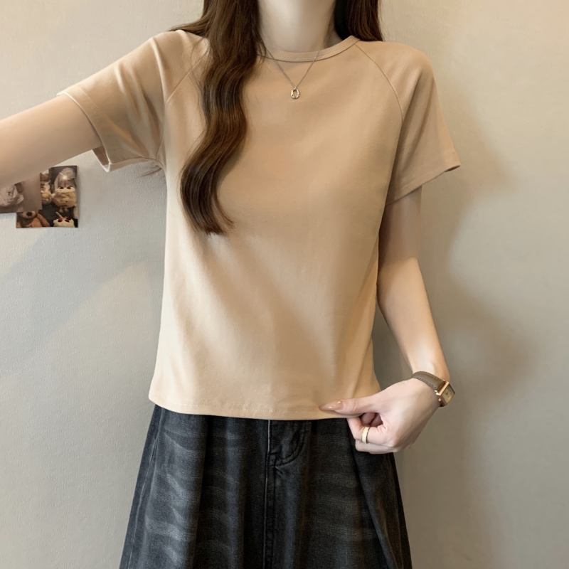 實拍  40支純棉210克92棉/8氨綸純色短袖T恤女插肩袖