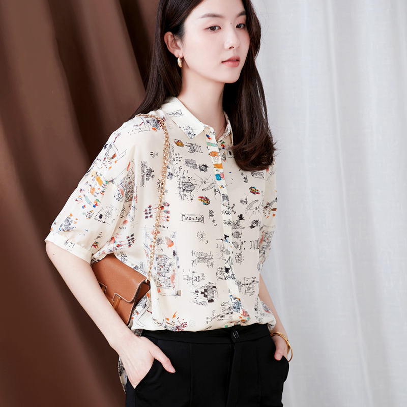 真絲短袖女襯衫小眾簡筆畫印花2025夏季新款氣質五分袖桑蠶絲上衣
