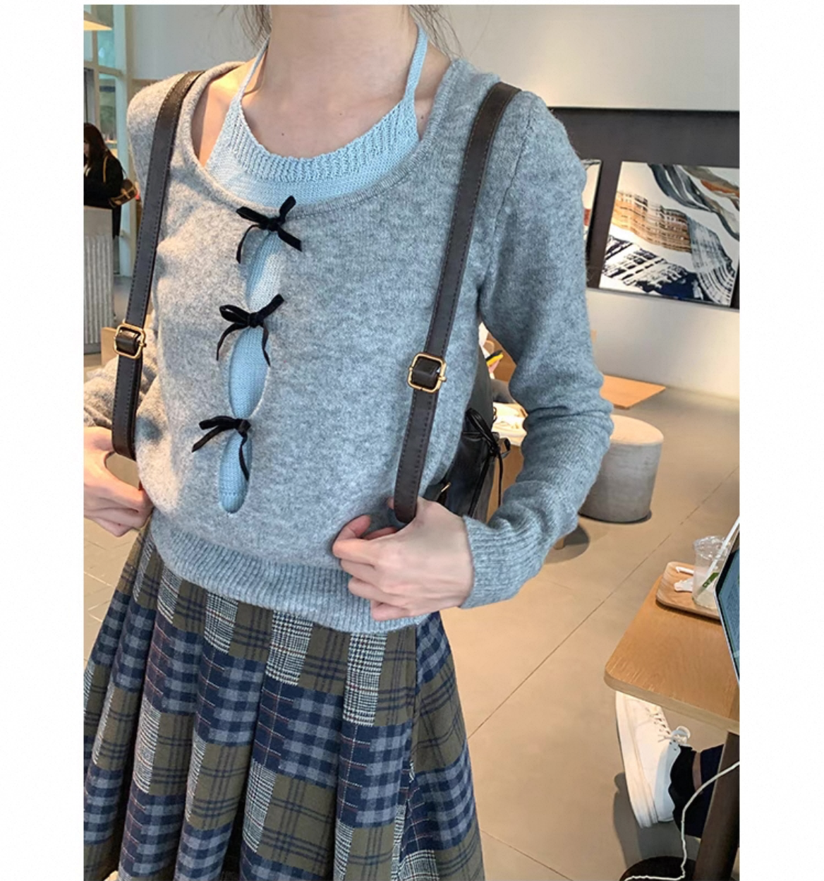 小心機蝴蝶結撞色拼接假兩件設計感甜美掛脖針織衫上衣女
