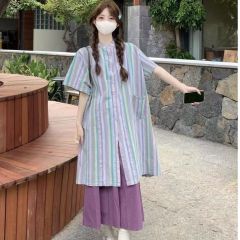 新款復古氣質套裝中長款條紋襯衫女夏季寬鬆休閒褲長褲兩件套