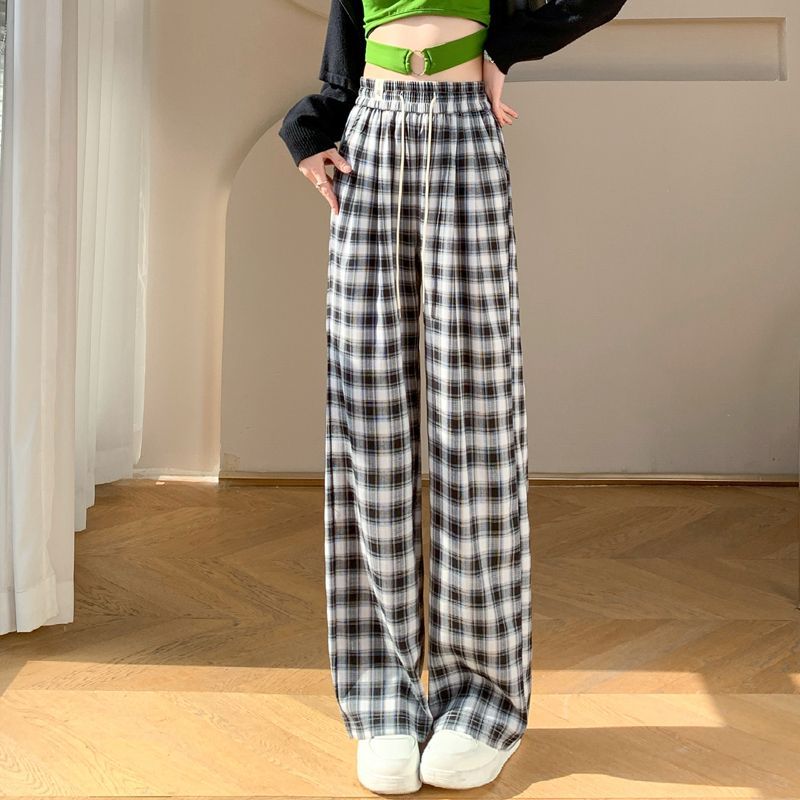 窄版闊腿格子褲女2025新款春季高腰寬鬆垂墜感復古直筒褲