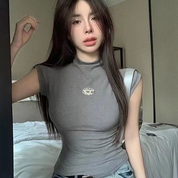 顯瘦美式高領辣妹氣質無袖T恤小眾修身短款上衣緊身
