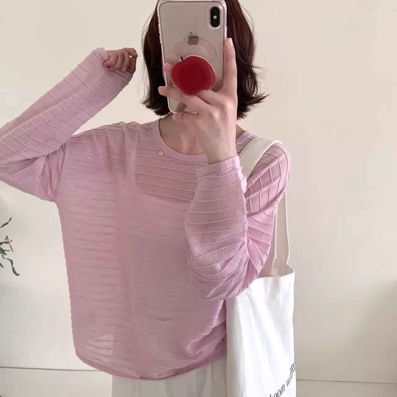 韓春季圓領長袖顯瘦款條紋慵懶風休閒氣質輕薄運動亞麻女套衫